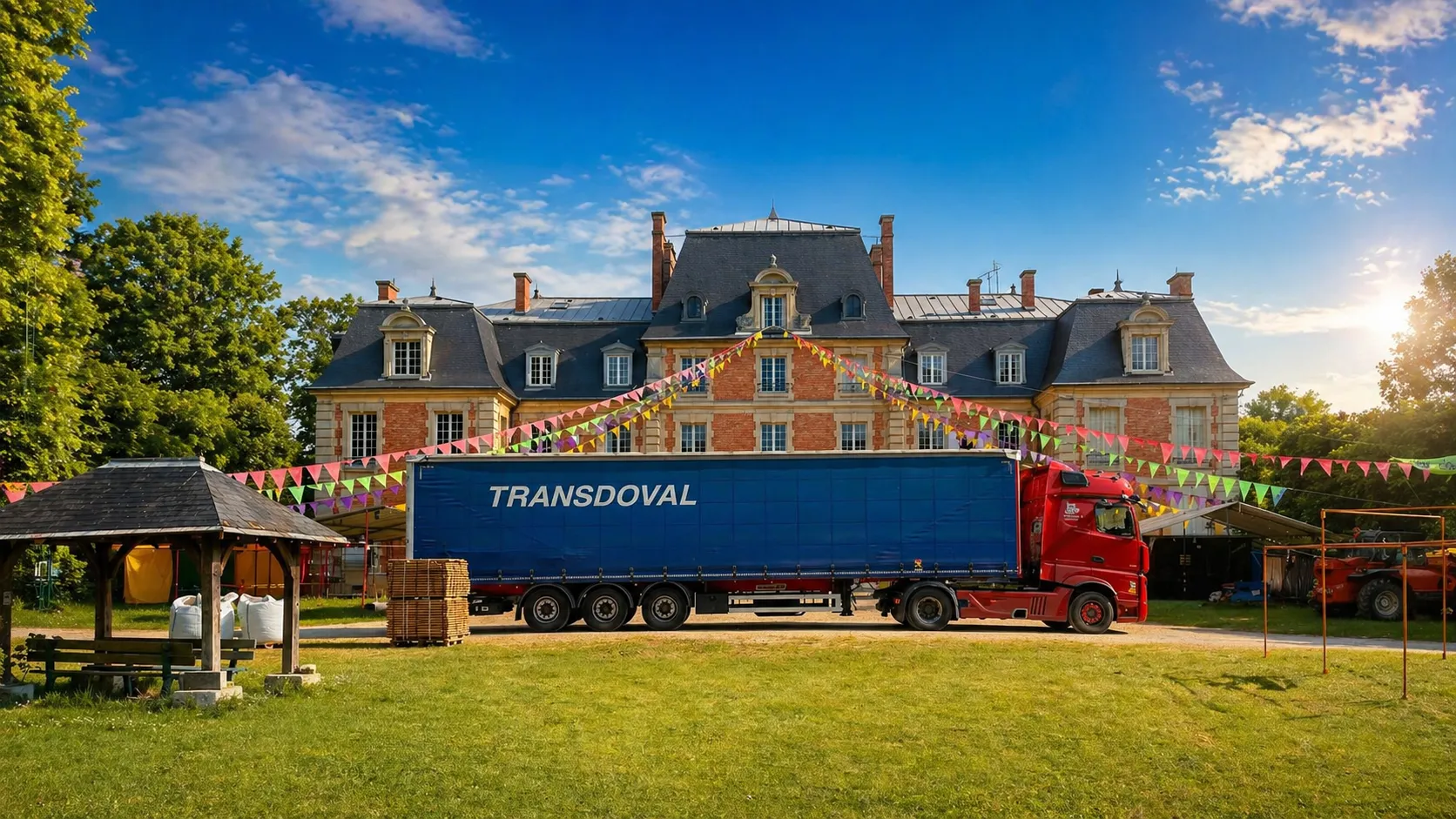 Semi-remorque TRANSDOVAL devant un château lors d'un événement